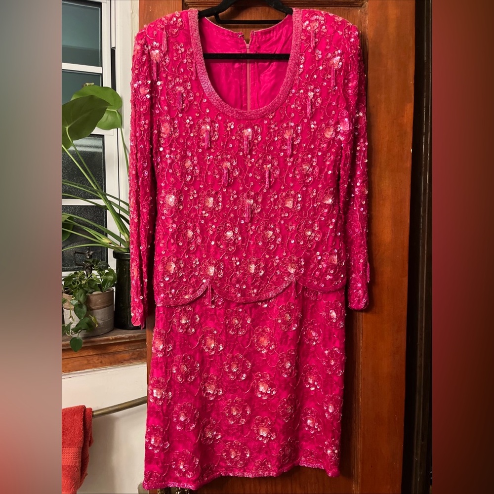 Vintage 80/90’s Pink Floral Sequin Beaded Dress With Shoulder Pads